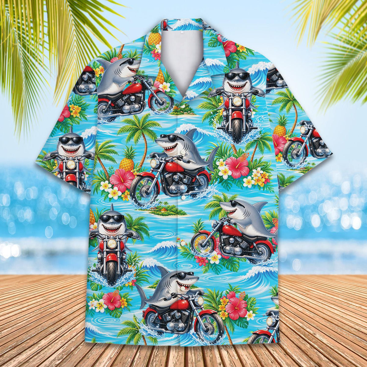 Light blue hawaiian shirt with sharks on motorcycles front view