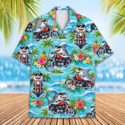 Light blue hawaiian shirt with sharks on motorcycles front view