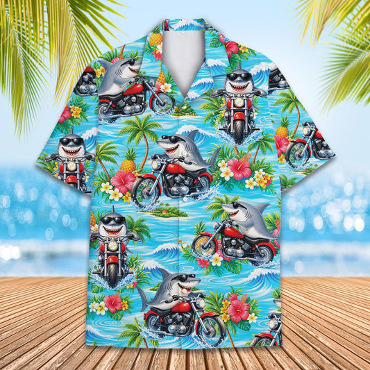 Tropical shark motorcycle hawaiian shirt matching family outfit front view
