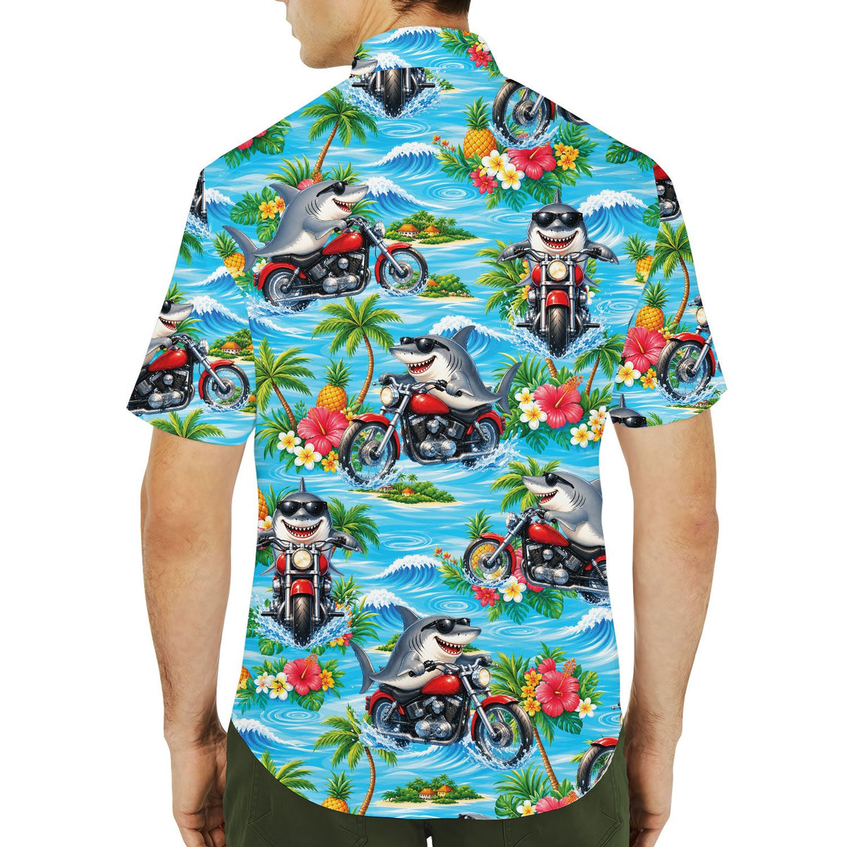 Lifestyle view of matching family hawaiian shirts with shark print