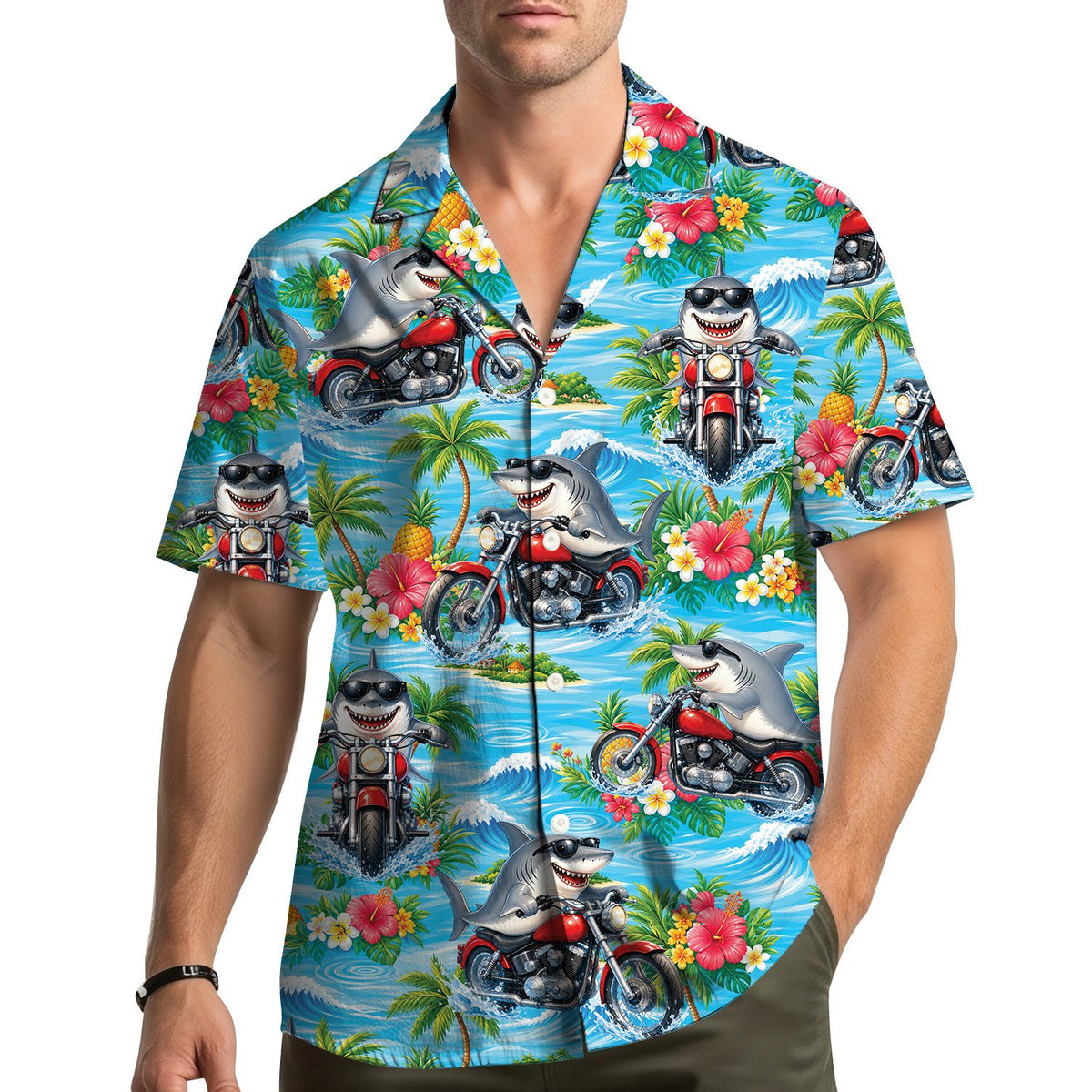 Family wearing matching tropical shark motorcycle hawaiian shirts outdoors