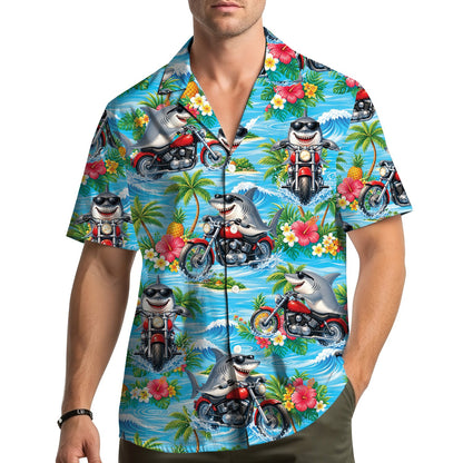 Family wearing matching tropical shark motorcycle hawaiian shirts outdoors