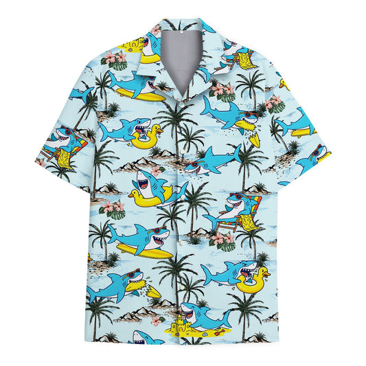 Light blue matching family hawaiian shirt with cartoon sharks and palm trees