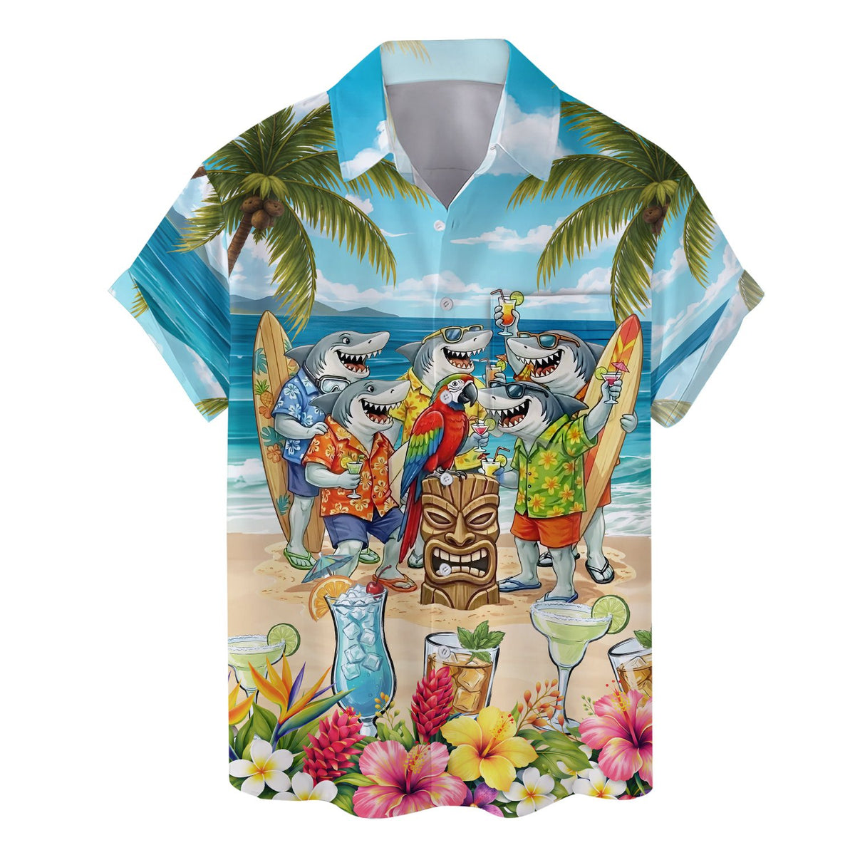 Matching family hawaiian shirts with tropical beach party design, main view
