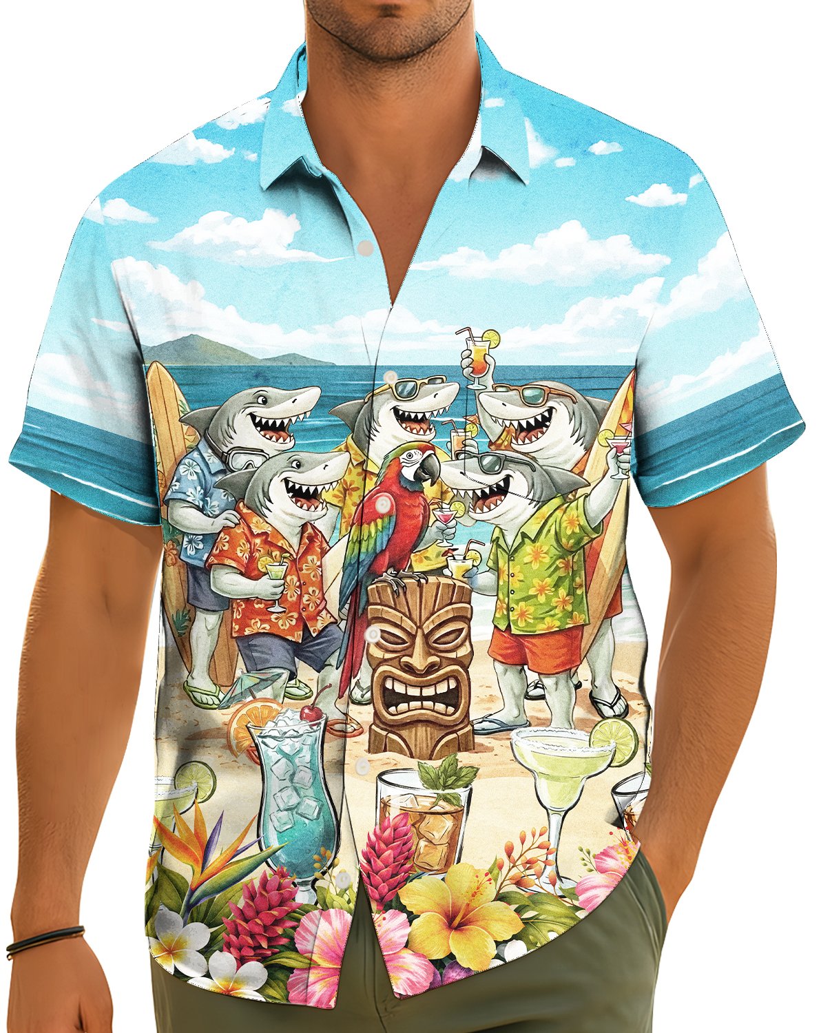 Lifestyle view of a family wearing matching hawaiian shirts at the beach