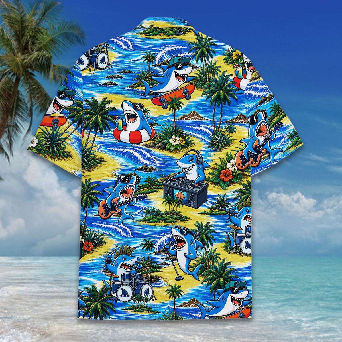 Alternate back view of the tropical shark hawaiian shirt
