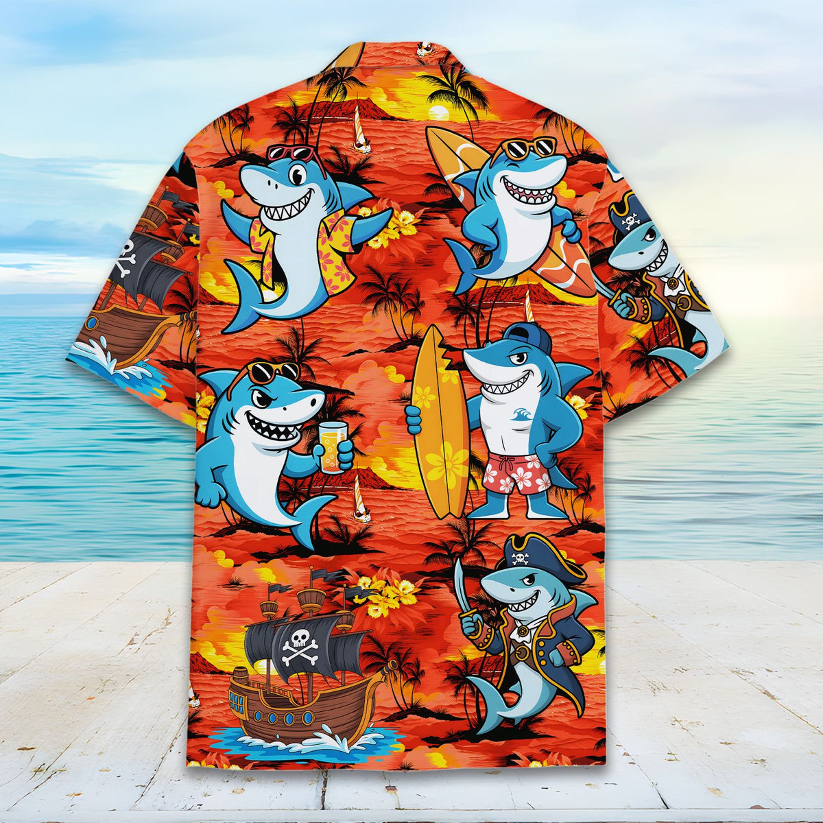 Alternate back view of the hawaiian shirt with surfing sharks