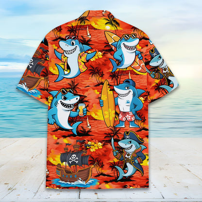 Alternate back view of the hawaiian shirt with surfing sharks