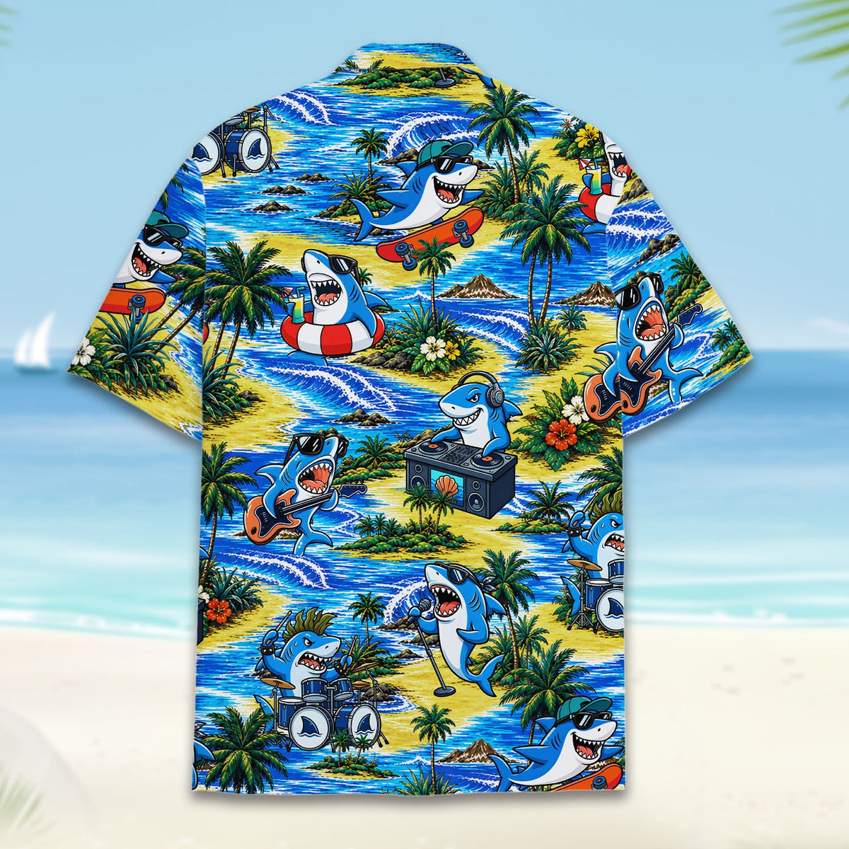 Back view of the matching family hawaiian shirt showing palm trees and waves