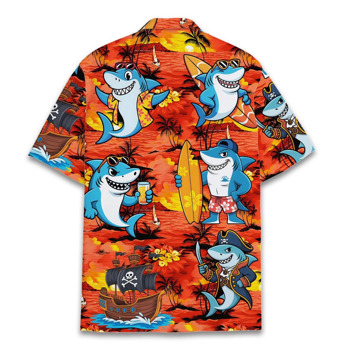 Back view of the tropical sunset hawaiian shirt showing a pirate ship