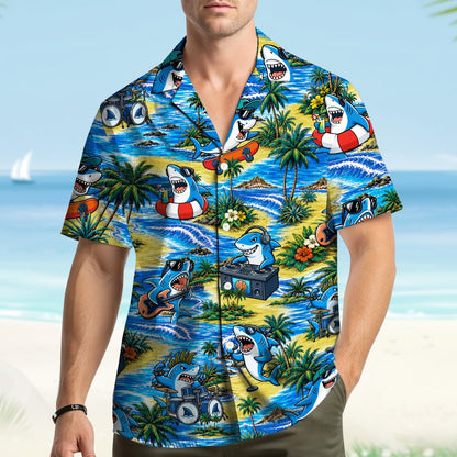 Alternate front view of the tropical shark hawaiian shirt