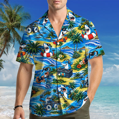 Close up front view of the animated sharks on the hawaiian shirt