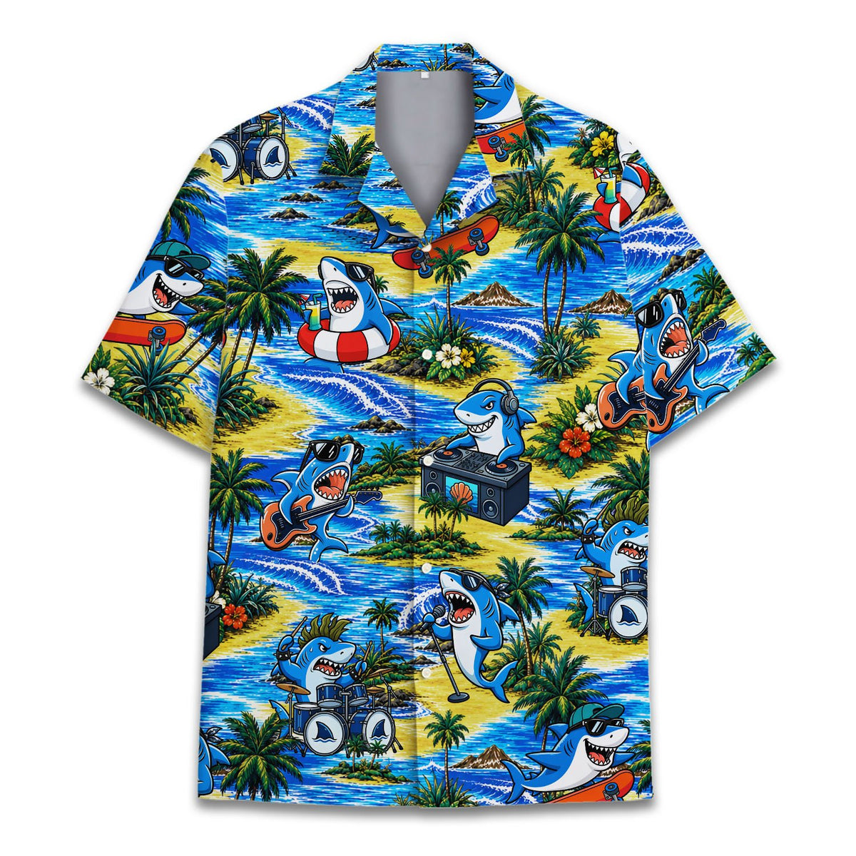 Flat lay front view of the vibrant polyester hawaiian shirt
