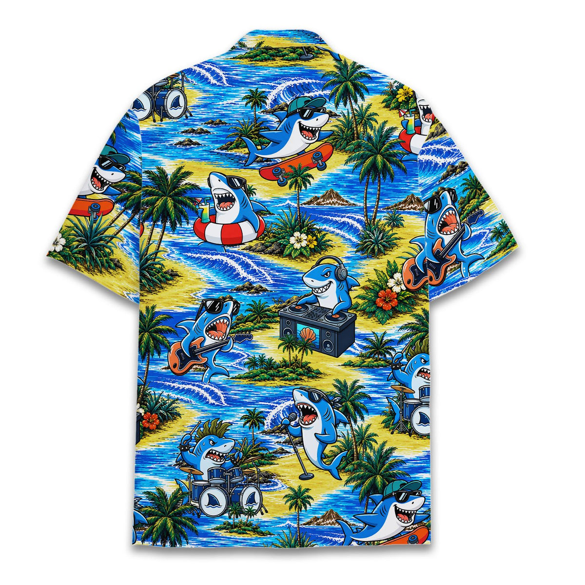 Main view of the matching family hawaiian shirts with a tropical shark print