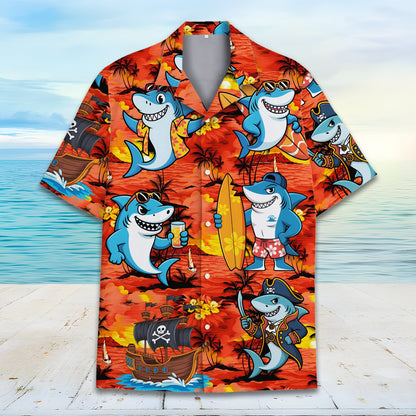 Matching family hawaiian shirts with cartoon sharks and tropical sunset, main view