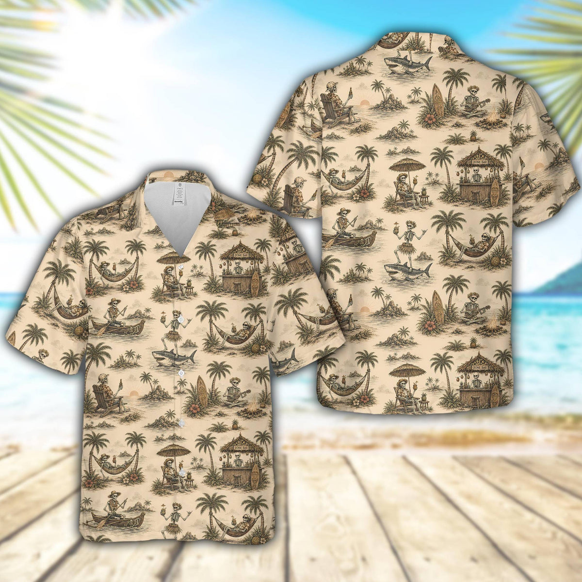 Front view of the beige tropical skeletons hawaiian shirt with matching family options