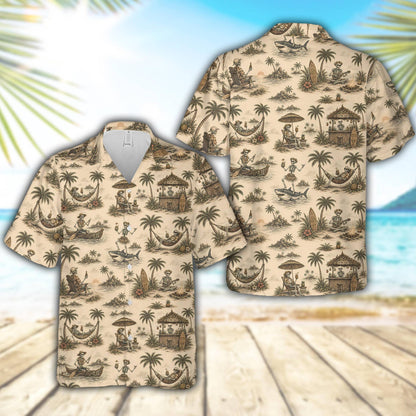 Front view of the beige tropical skeletons hawaiian shirt with matching family options
