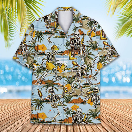 Main view of the tropical skeletons hawaiian shirt featuring a fun beach scene