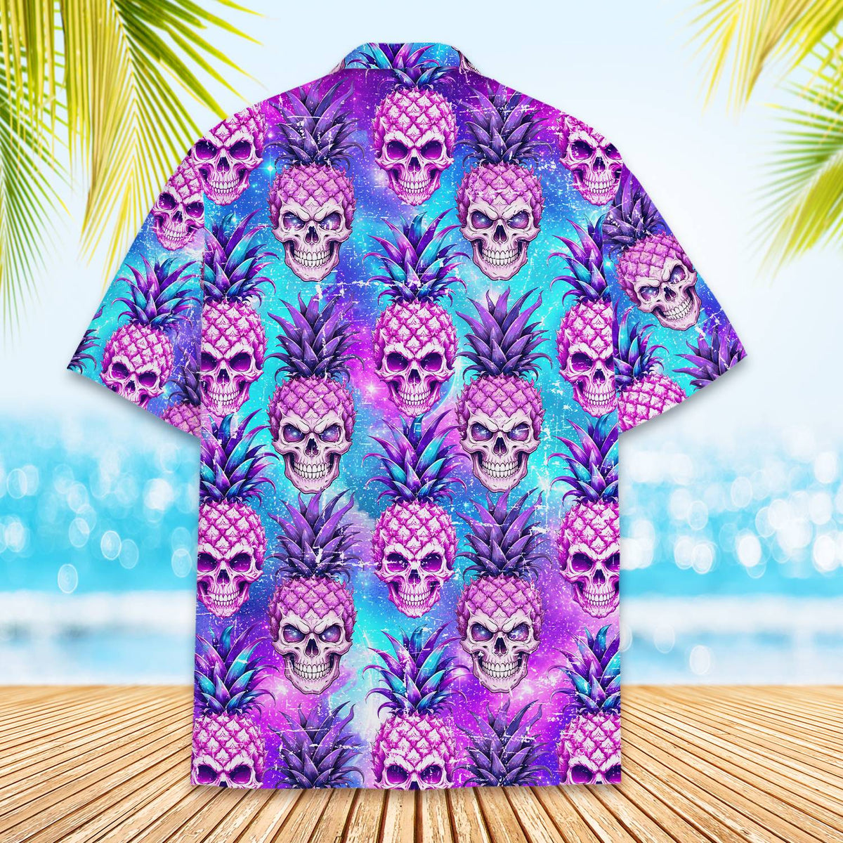 Alternate back view of the tropical skull hawaiian shirt