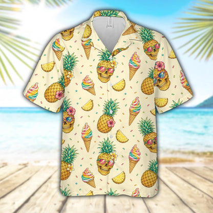 Tropical skull hawaiian shirt featuring pineapples and ice cream on a beige background, main view