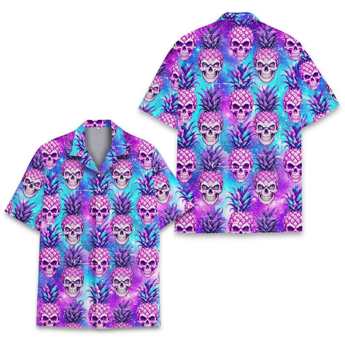 Vibrant purple and teal matching family hawaiian shirt, close up front