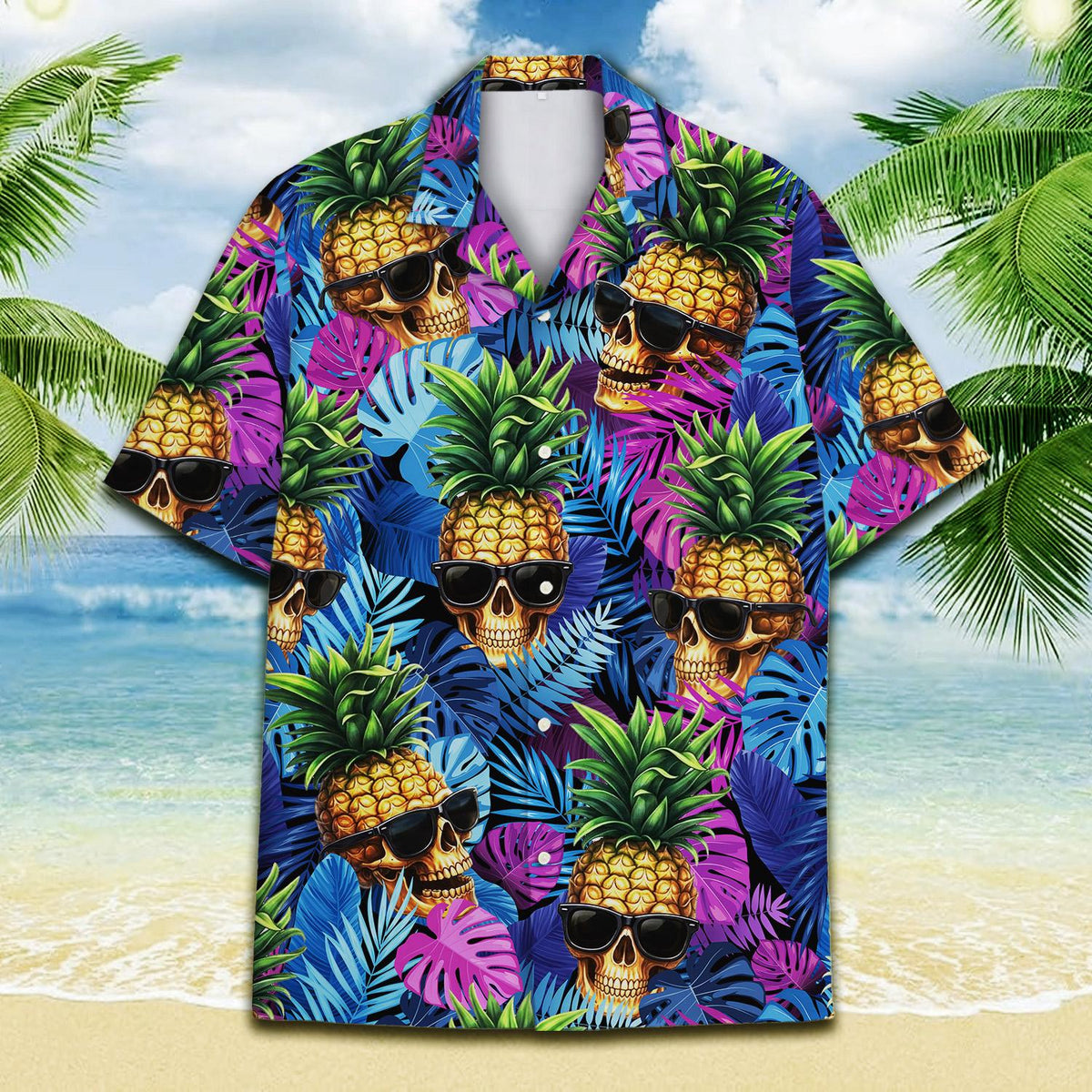Close up front view of the pineapple skull pattern on the hawaiian shirt