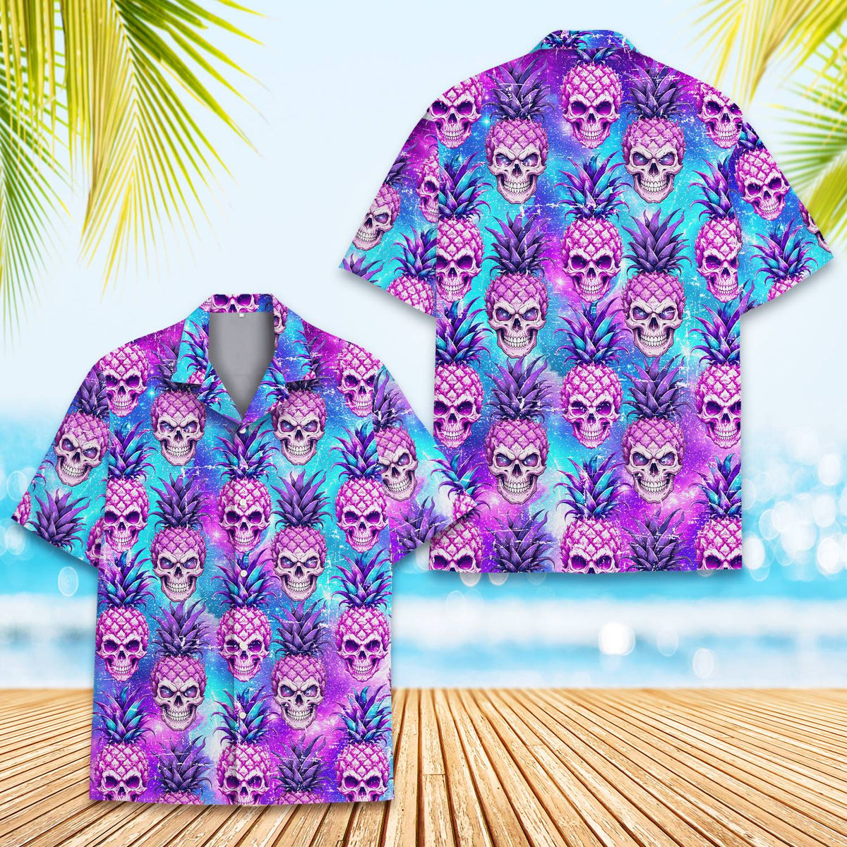 Cosmic pineapple skull hawaiian shirt design, detailed front view