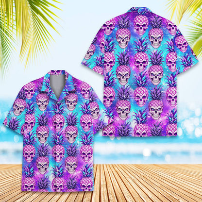 Cosmic pineapple skull hawaiian shirt design, detailed front view