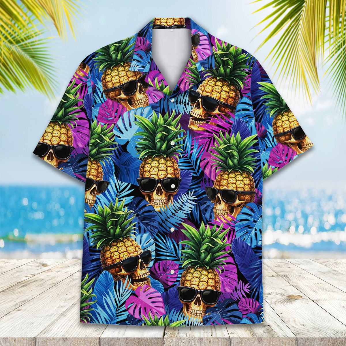 Another front view of the colorful tropical skull hawaiian shirt