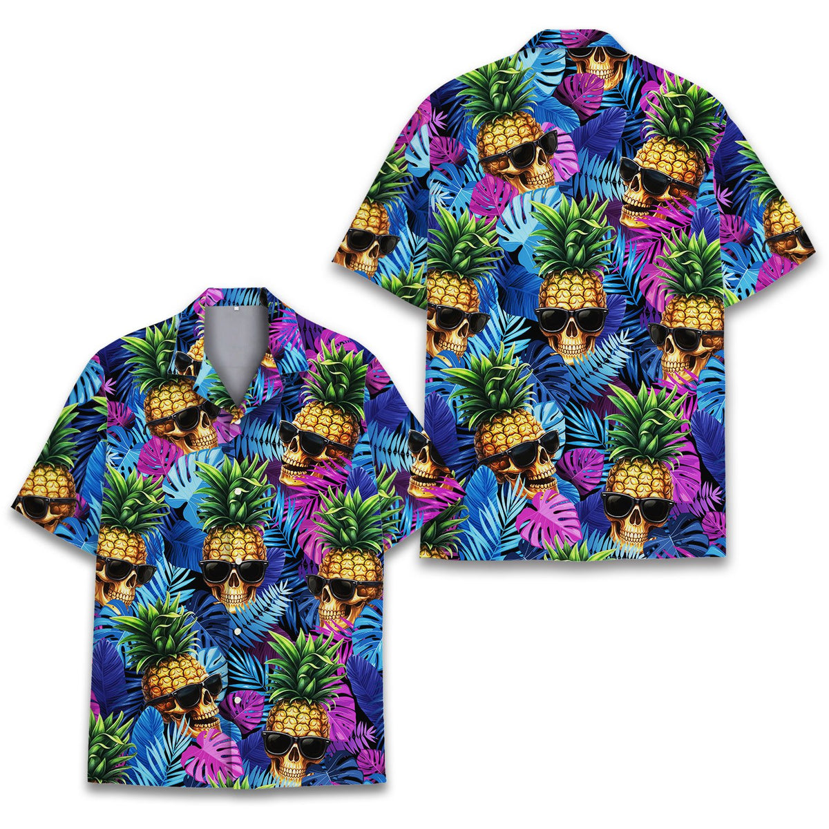 Flat lay front view of the tropical skull hawaiian shirt