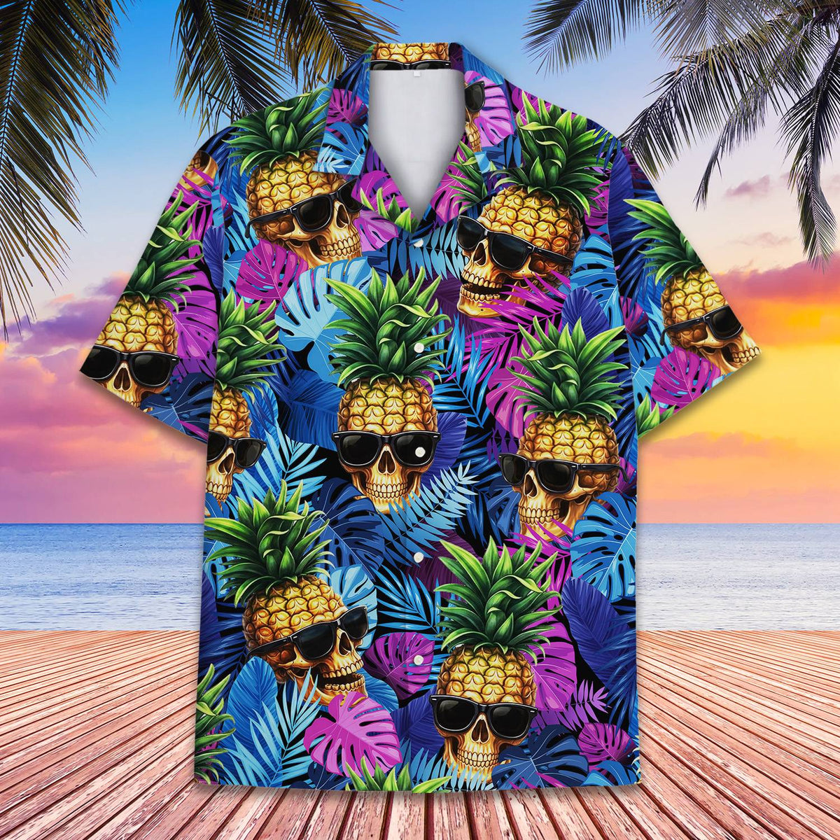 Front view of the blue and purple tropical skull hawaiian shirt