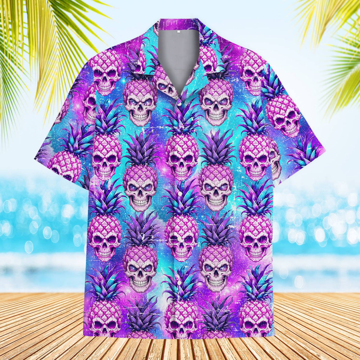 Purple tropical hawaiian shirt with pineapple skull pattern, front view