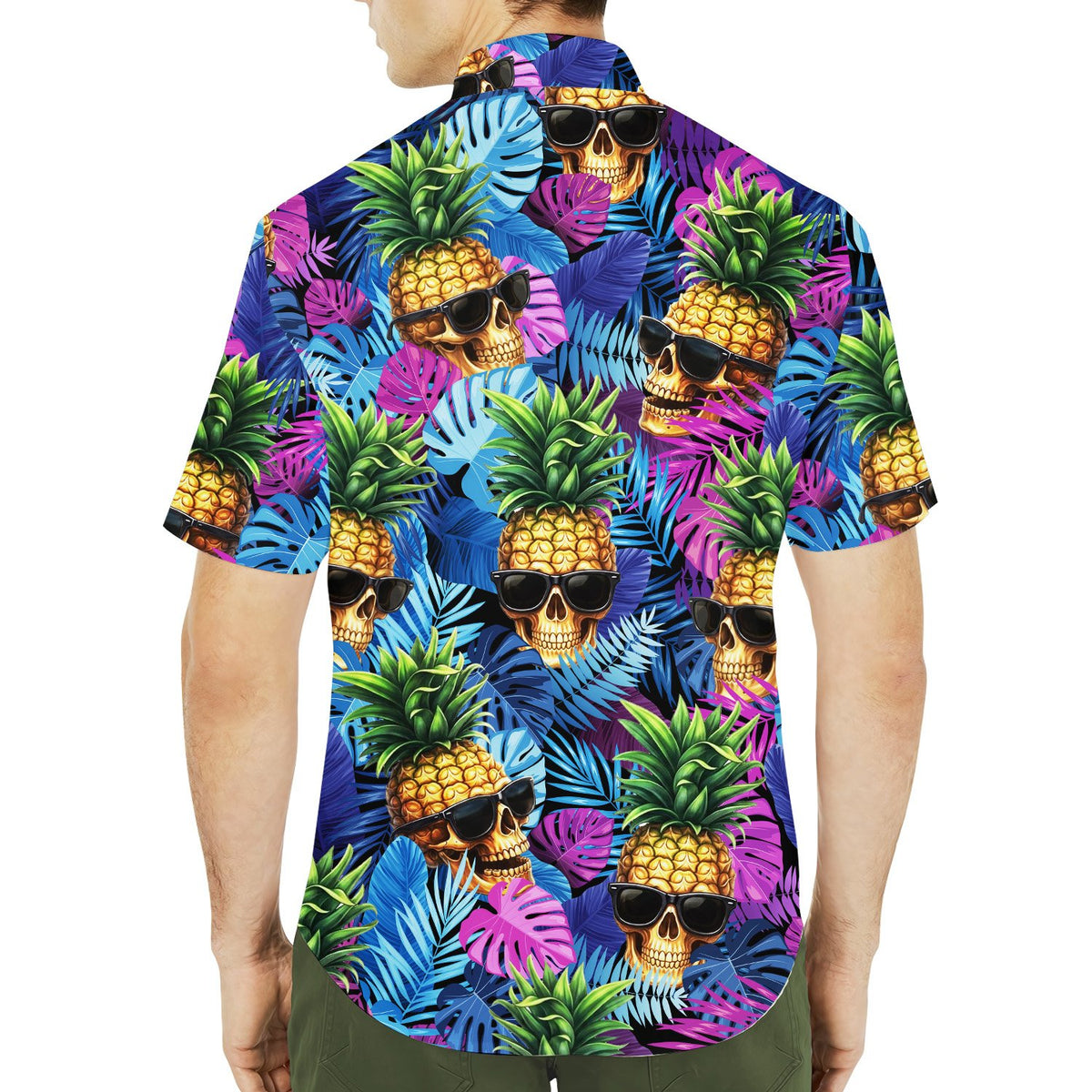 Another lifestyle view featuring the tropical skull hawaiian shirt