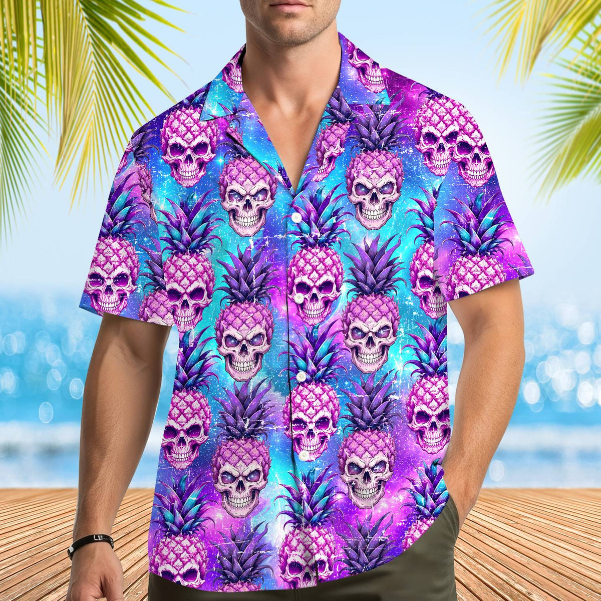 Second lifestyle view of the purple and teal matching family hawaiian shirt