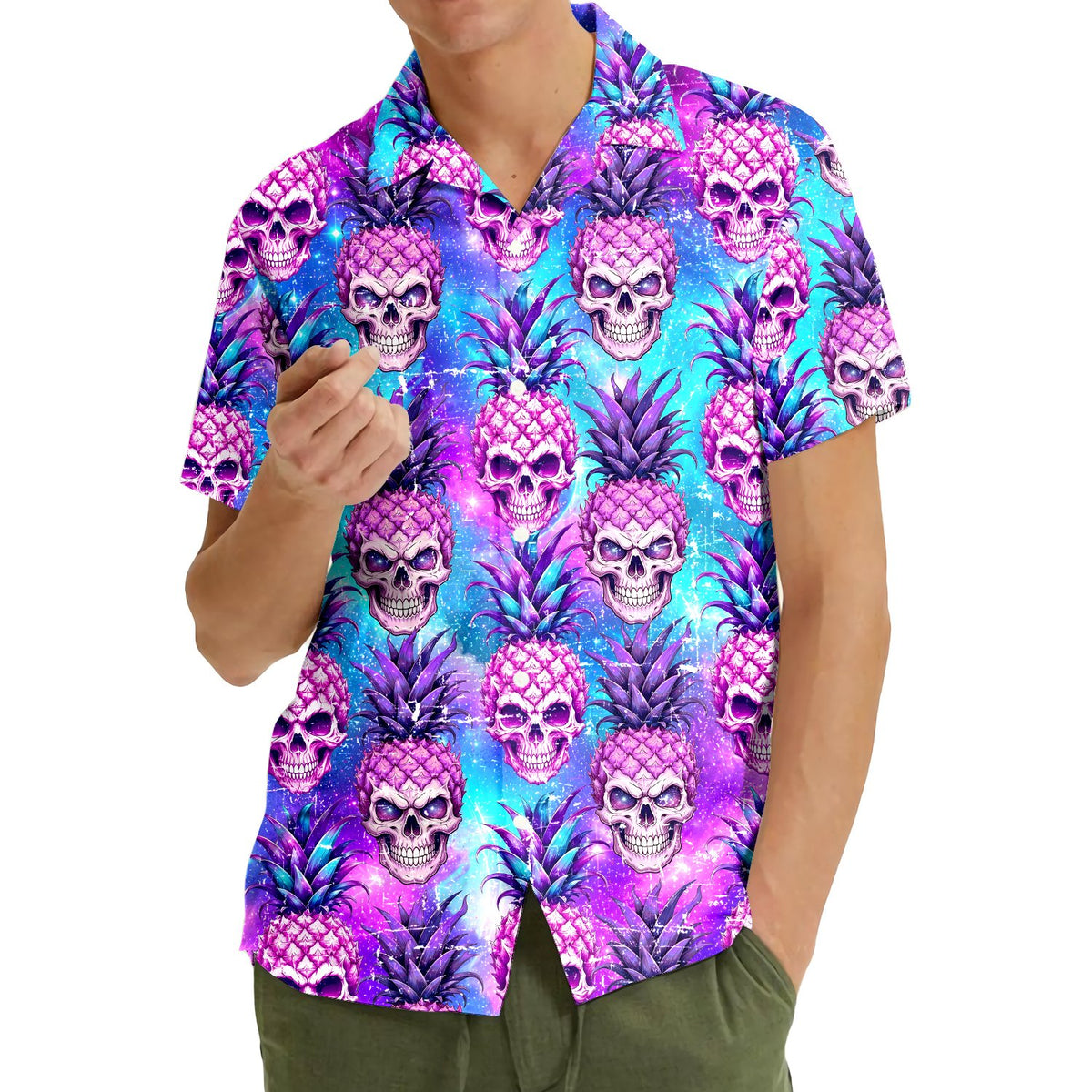 Third lifestyle shot showcasing the bright colors of the tropical skull hawaiian shirt