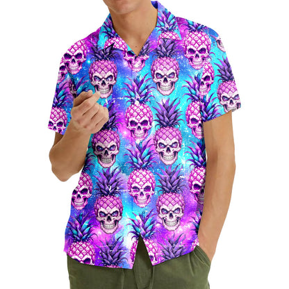 Third lifestyle shot showcasing the bright colors of the tropical skull hawaiian shirt