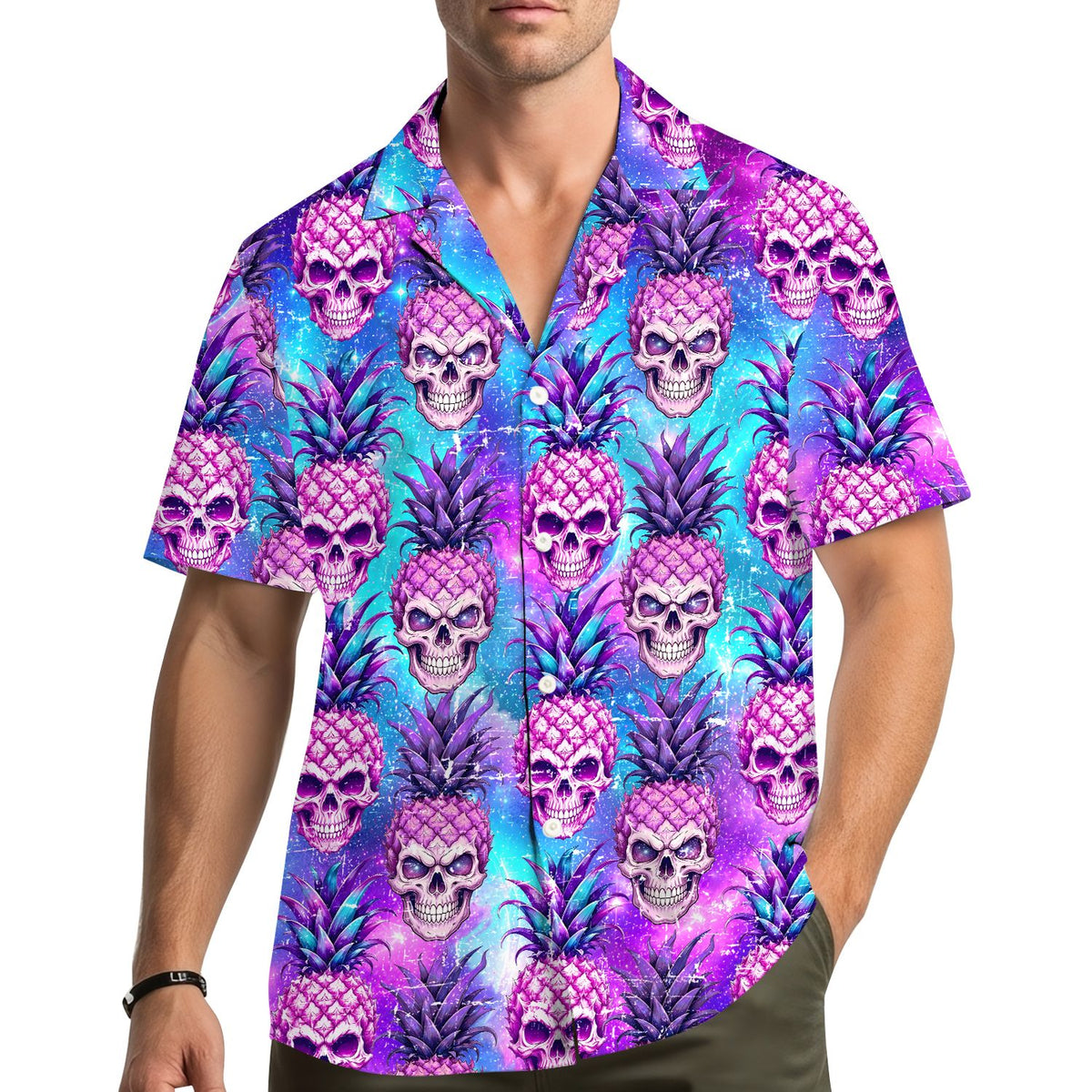 Lifestyle shot of a person wearing the tropical skull hawaiian shirt