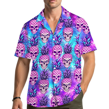 Lifestyle shot of a person wearing the tropical skull hawaiian shirt