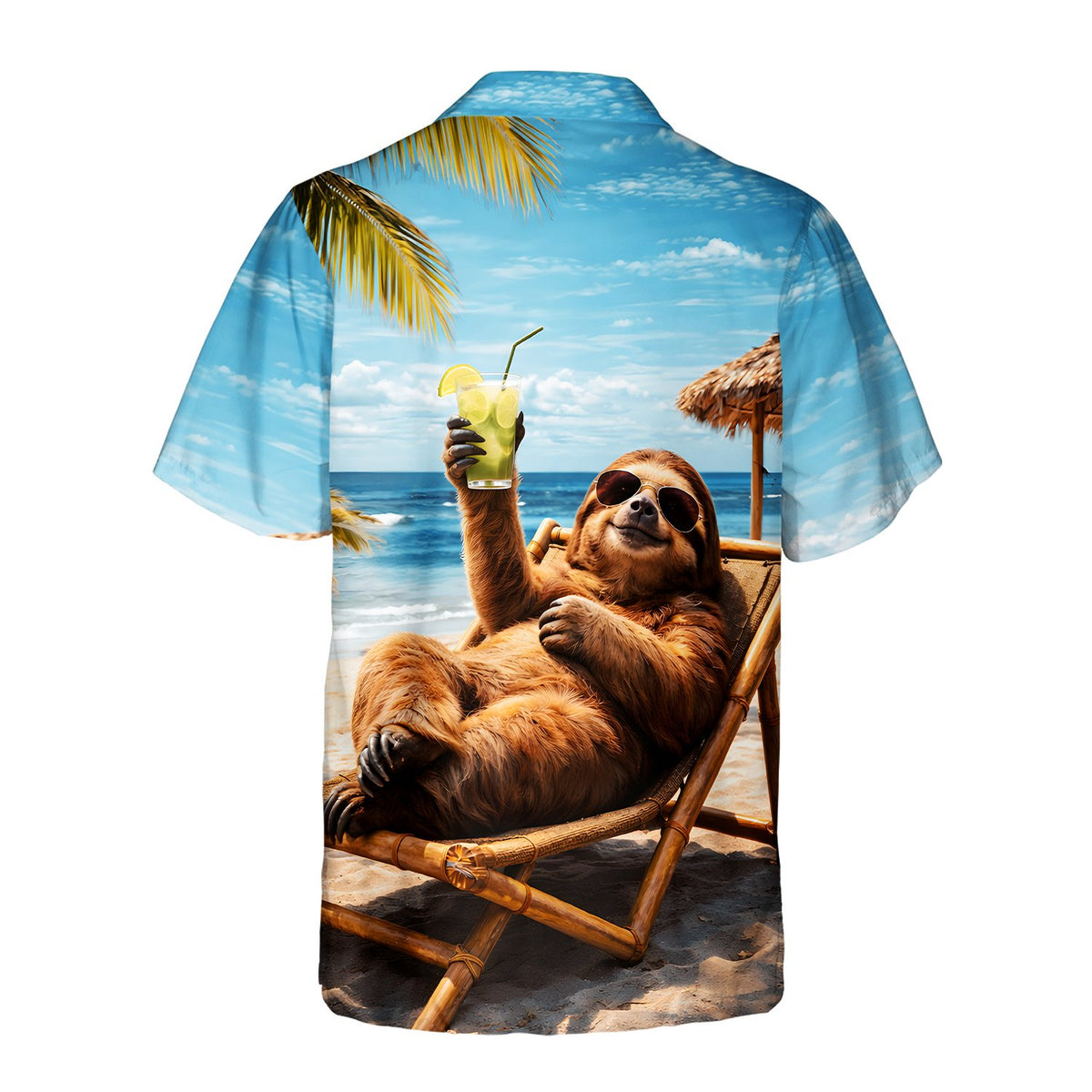 Back view of the tropical sloth hawaiian shirt in light blue, brown, and sand