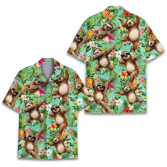 Tropical sloth hawaiian shirt with playful sloths and palm leaves on a light blue background, main front view
