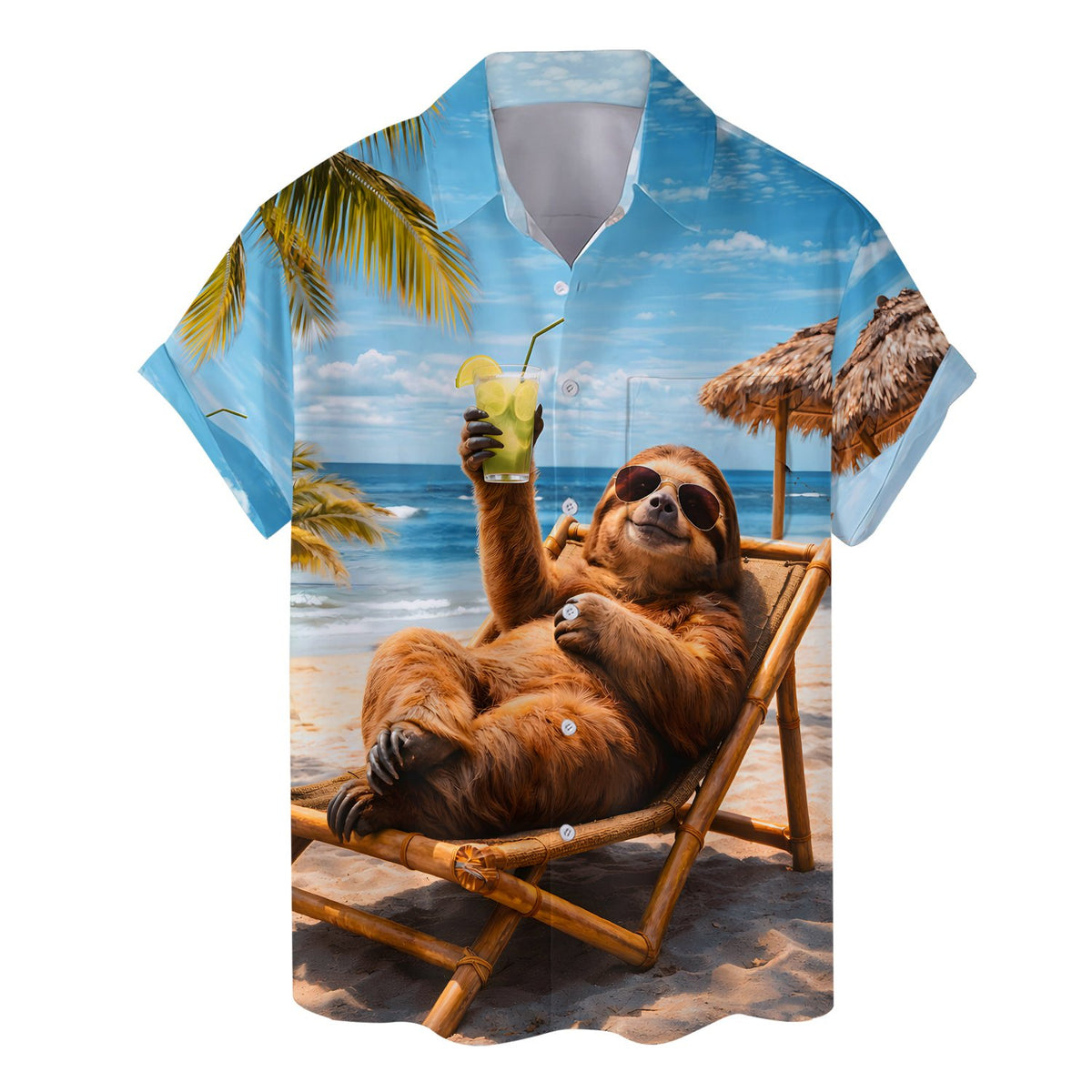 Front view of the matching family hawaiian shirt with a sloth design