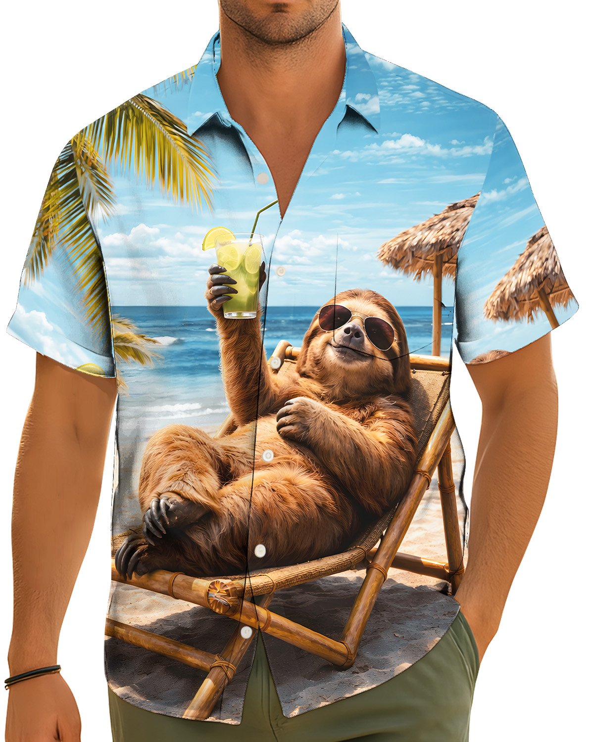 Lifestyle view of a person wearing the tropical sloth hawaiian shirt