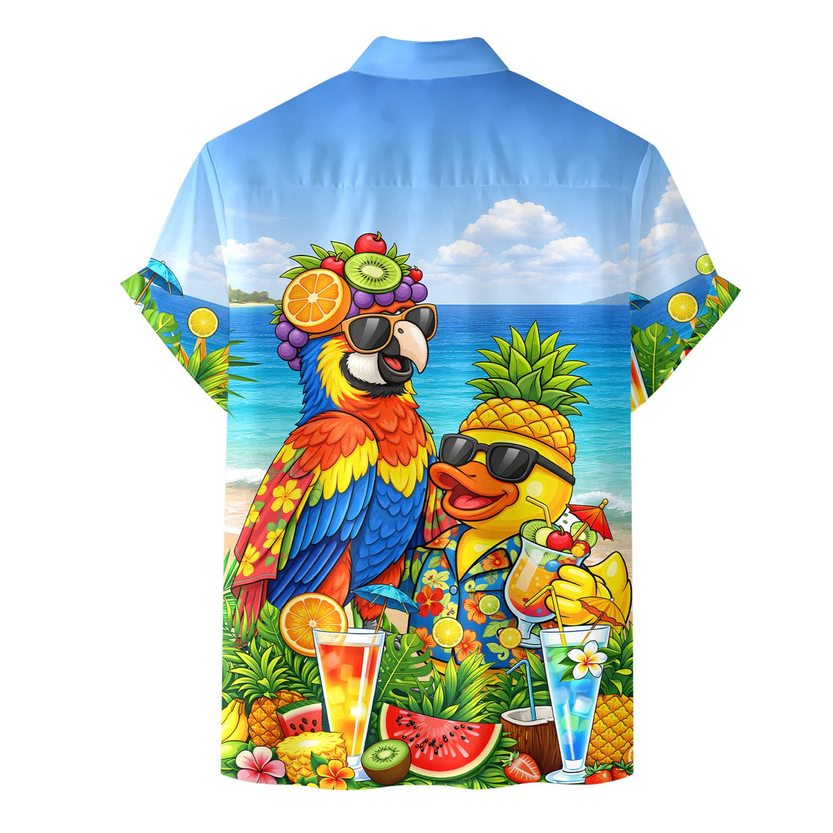 Tropical summer hawaiian shirt with duck and parrot design, back view 2