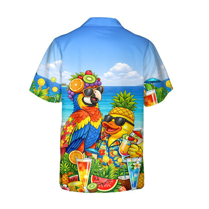 Tropical summer hawaiian shirt with duck and parrot design, back view 3