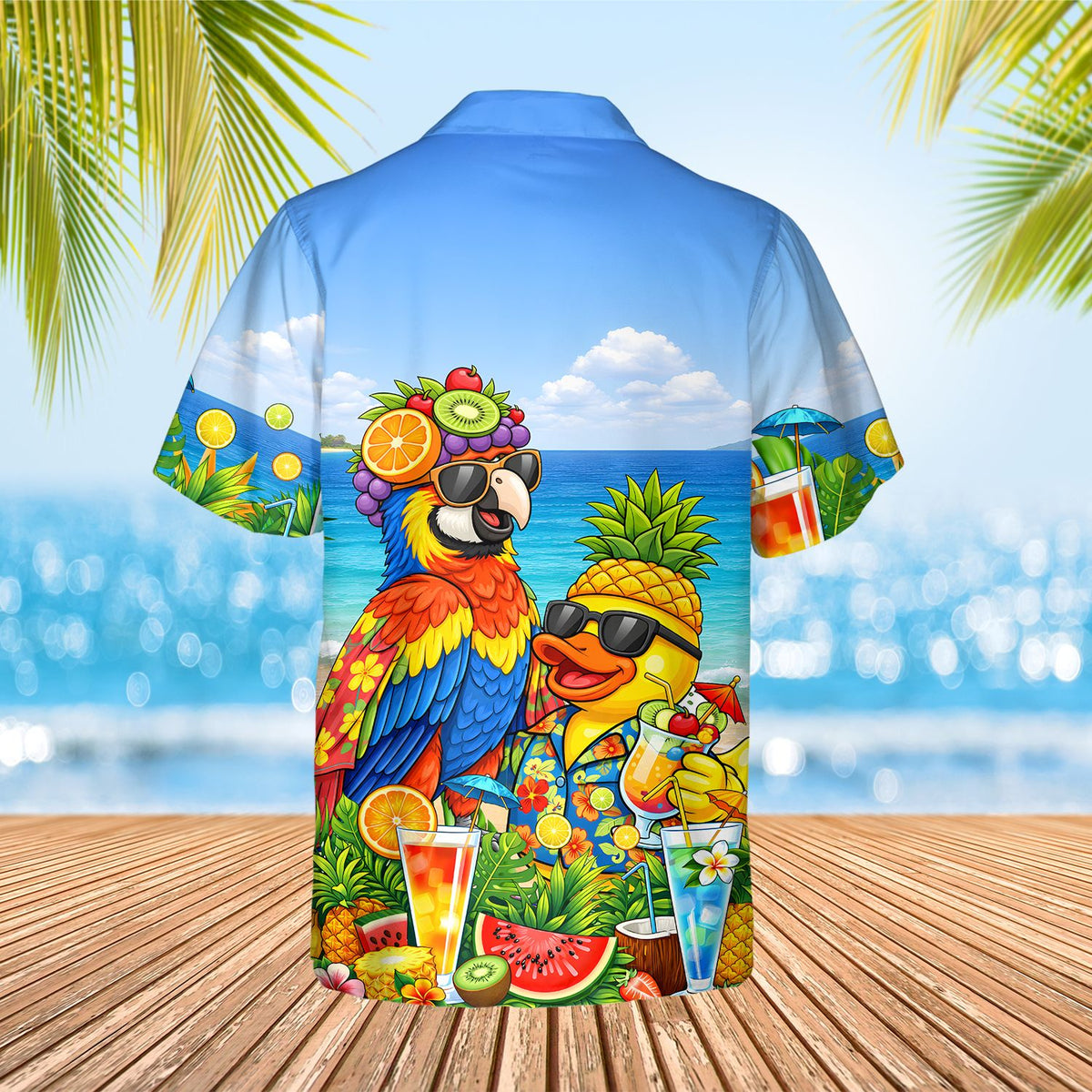 Tropical summer hawaiian shirt with duck and parrot design, back view