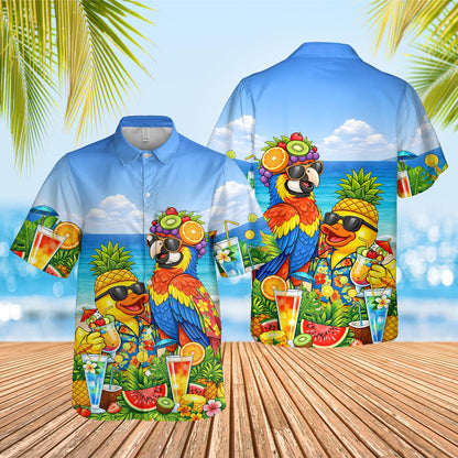 Tropical summer hawaiian shirt with duck and parrot design, front view 2
