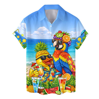 Tropical summer hawaiian shirt with duck and parrot design, front view 3