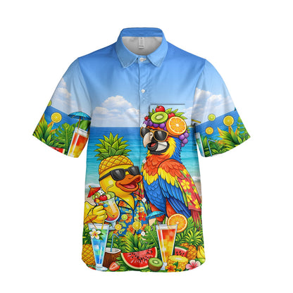 Tropical summer hawaiian shirt with duck and parrot design, front view 4