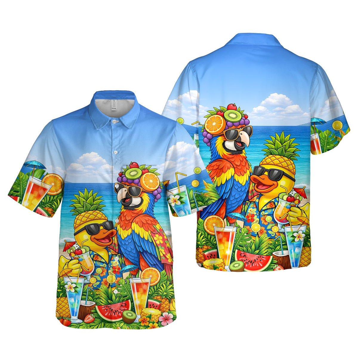 Tropical summer hawaiian shirt with duck and parrot design, front view 5