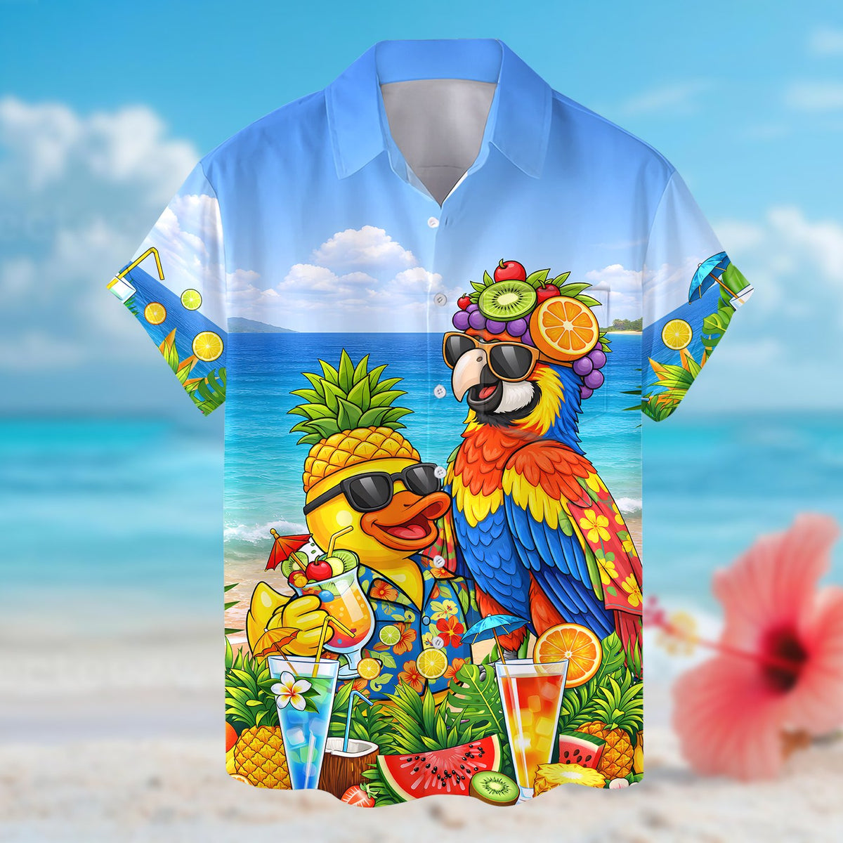 Tropical summer hawaiian shirt with duck and parrot design, main view